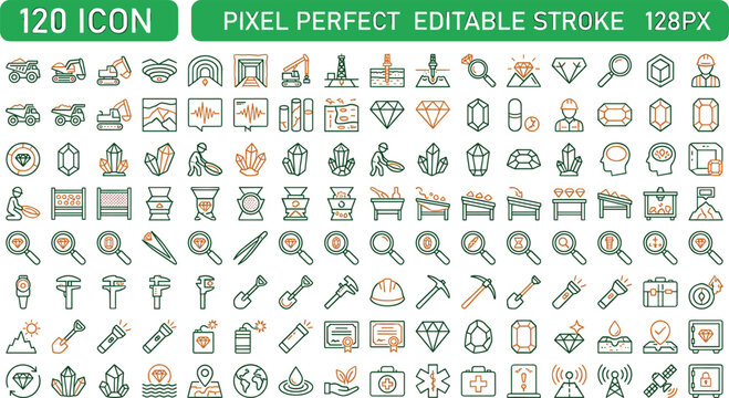 Gemstone mining and gold panning industrial outline icon set featuring excavators miners diamonds crystals geological tools and appraisal machinery.