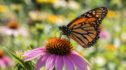 Fototapeta premium Monarch butterfly resting on a pink zinnia flower.