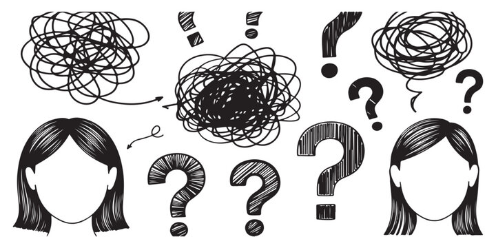 Abstract illustration of female faces with scribble clouds and question marks showing mental mess and confusion.