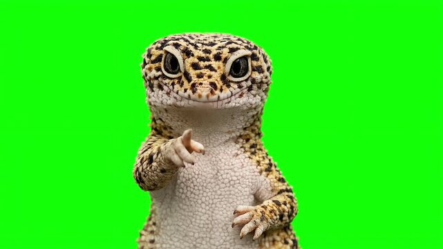 Realistic gecko pointing at the viewer and talking, call to action concept isolated on chroma key green screen background. 3D