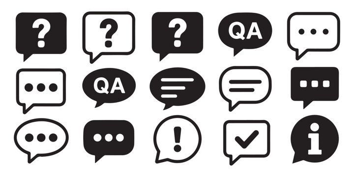 Set of question mark, QA, chat bubbles, exclamation and info speech boxes, frequently asked questions symbols.