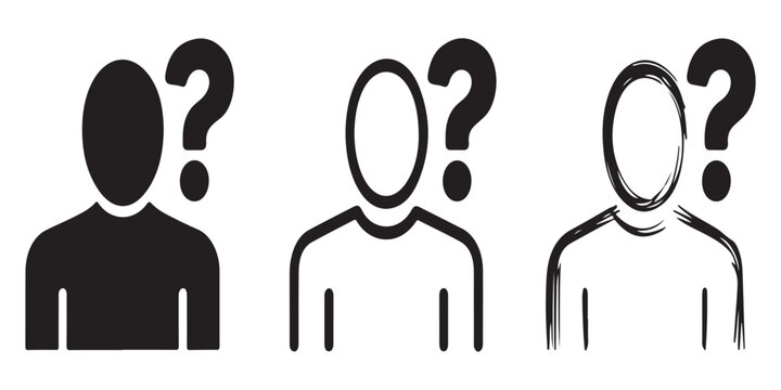 Set of three unknown person icons, a silhouette with question mark, outline, and grunge style representation.