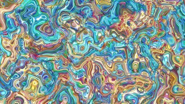 Vibrant fluid dynamics of multicolored textures in motion. Colorful liquid marble abstract background movement with swirls and waves. Flowing patterns creating organic vivid ornament. 4K UHD 4096x2304