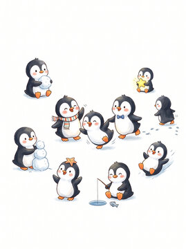 penguins on the snow vector cartoon drawing