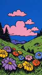 Fototapeta premium Vibrant cartoon floral landscape mobile wallpaper