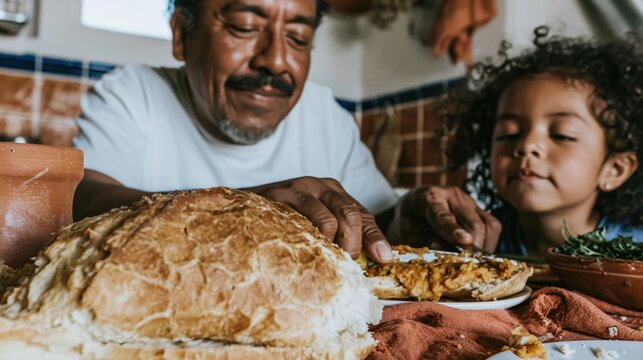 Crusty bolillo bread in the foreground as a man prepares a meal for his daughter in a rustic kitchen for family breakfast, home cooking and latin american food lifestyle