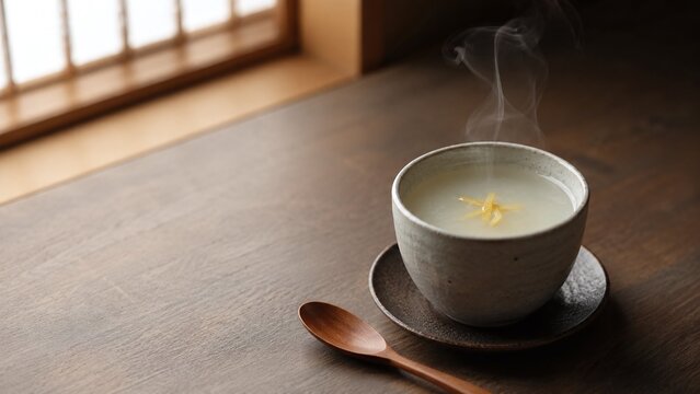 湯気の立つ葛湯と柚子の皮 冬のあたたかい飲み物