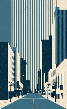 city street with tall buildings in blue screenprint