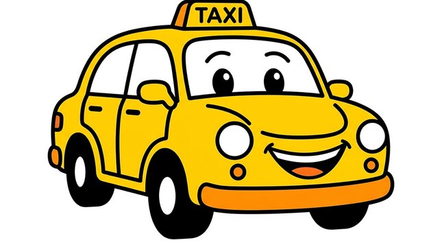 Yellow taxi cab cartoon character smiling.