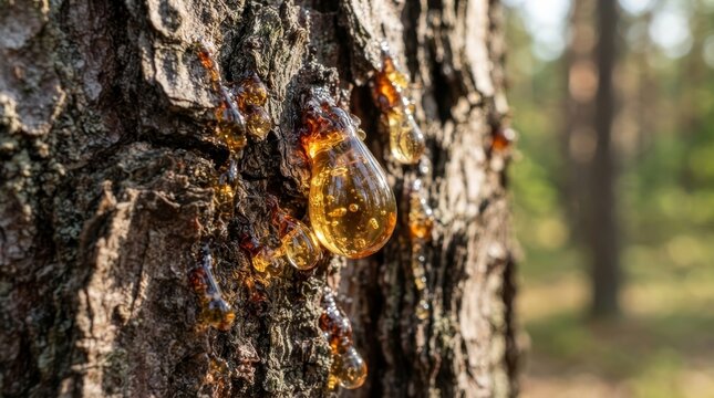 Sweet droplets of amber sap clinging to rough bark