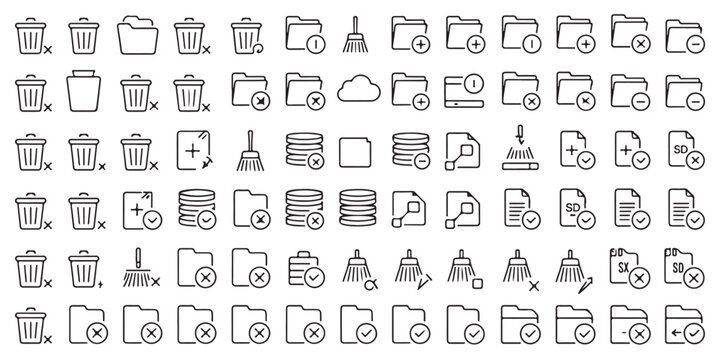 Large collection of folder, trash, and database icons with various states and actions for user interfaces.