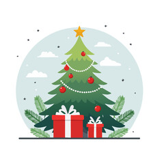 Naklejka premium Flat design Christmas tree with gifts and ornaments