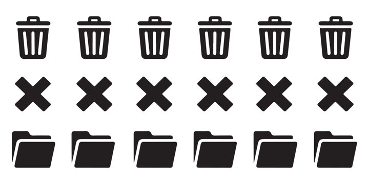 Digital data cleanup icons set with waste bins cross marks and folder symbols for information management interface.