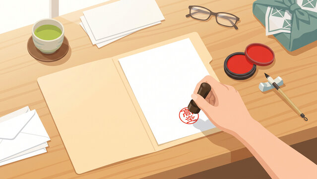 Artist stamping red seal on document at wooden desk with tea and supplies