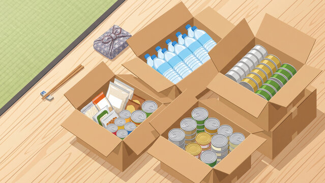 Organized storage boxes with pantry supplies, water bottles, and canned goods on wooden floor