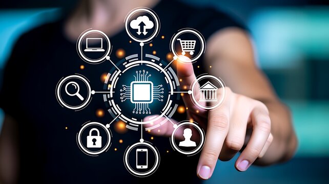 Businesswoman using smart digital technology interface with cloud computing and network connection
