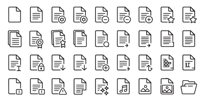 Document and file outline icons set for paper page management system database storage organization project workflow.