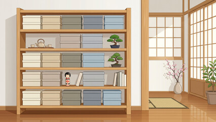 Fototapeta premium Traditional Japanese Room with Wooden Shelving Unit and Organized Storage Items