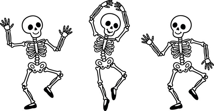 Three funny human skeletons dancing and having fun in a cute cartoon style for halloween celebration and party holiday design