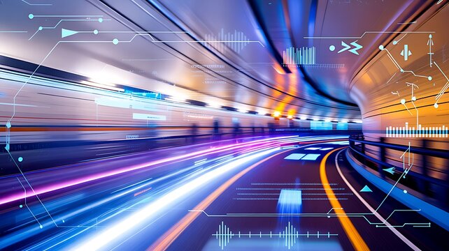 Abstract futuristic motion blur inside modern tunnel with high speed technology