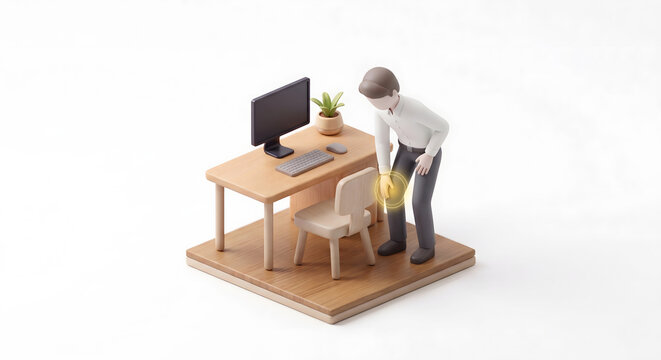 椅子から立ち上がる際に膝の痛みを訴える男性ビジネスパーソンの3Dイラスト
