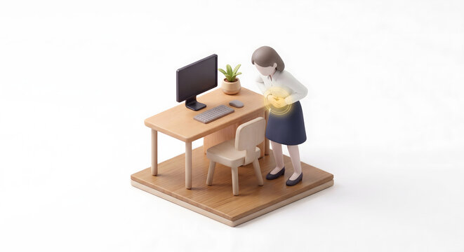 職場のストレスやプレッシャーで胃痛に耐える女性会社員の3Dイラスト
