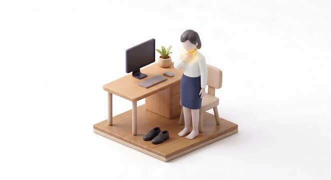 オフィスの乾燥や風邪で喉の痛みと違和感を訴える女性会社員の3Dイラスト
