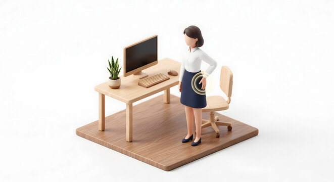 長時間の座りっぱなしで股関節の硬さや痛みに悩む女性会社員の3Dイラスト
