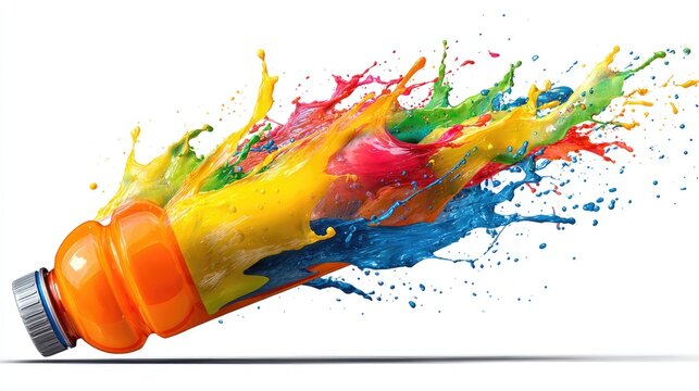 Vibrant orange water bottle exploding with colorful paint splashes