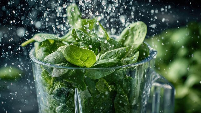 Fresh spinach being blended