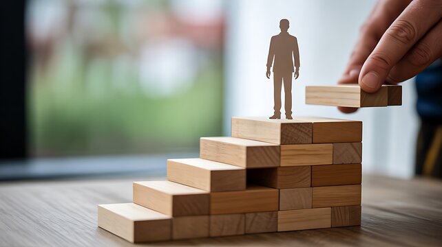 Career growth concept with business figure climbing wooden staircase to success
