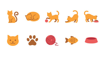 Fototapeta premium Cute orange cat icons and pet accessory vector set