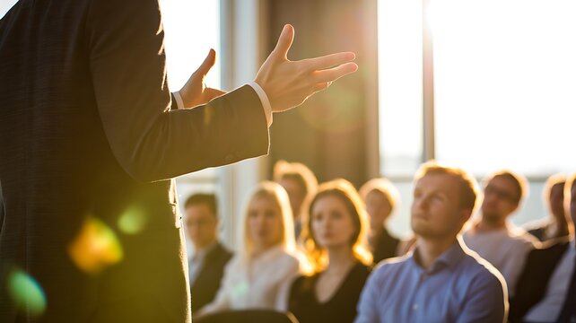 Business leader presenting strategy during corporate team meeting and professional conference