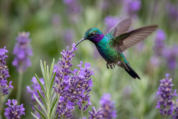 Fototapeta premium Colorful hummingbird hovering near purple lavender flowers in garden setting