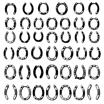 Collection of 24 distinct horseshoes arranged in a 6x4 grid, each with unique designs and patterns, set against a plain white background. The horseshoes are depicted in a black and white vector ill...