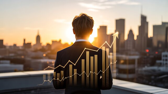 Business growth chart with city skyline representing financial success