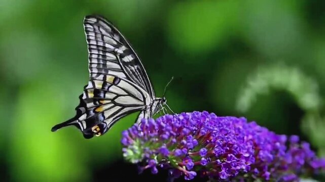 Close up of a beautiful swallowtail butterfly feeding on a vibrant purple buddleja flower against a smooth green bokeh background.