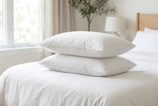 Stack of two fluffy white pillows on bed in bright modern bedroom