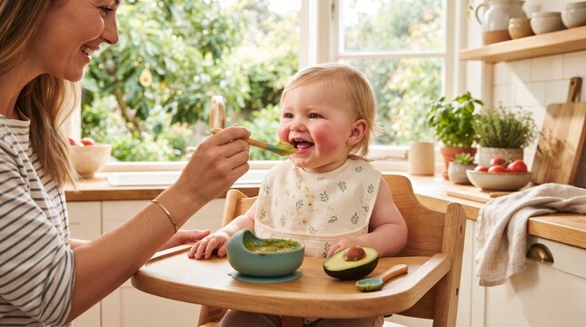Commercial medium lifestyle photography of a happy baby being spoon-fed fresh avocado puree by a mother in a bright rustic kitchen &ndash; premium organic baby food branding, toddler wellness marketing, and