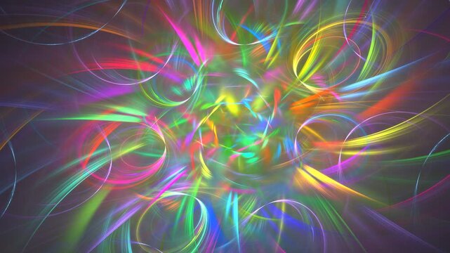 Looping backdrop of varicolored mixture of abstract shapes. Fractal round, oval, curved colorful elements circulating, combining, forming bright pattern on dark. 4K UHD 4096x2304 ultra high definition