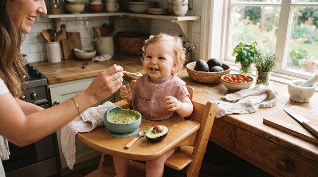 Commercial medium lifestyle photography of a happy baby being spoon-fed fresh avocado puree by a mother in a bright rustic kitchen &ndash; premium organic baby food branding, toddler wellness marketing, and