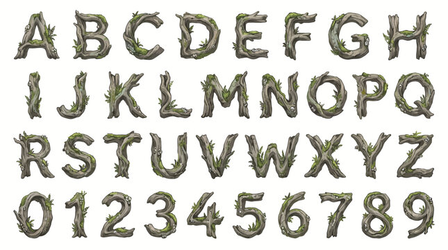 A complete alphabet and numerical set rendered as textured mossy tree branches on a white background