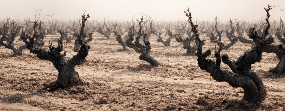 Withered vines in a parched vineyard