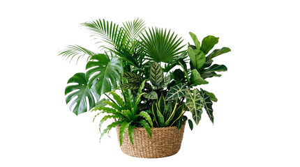 Fototapeta premium Lush collection of tropical house plants arranged beautifully inside a woven round decorative straw basket