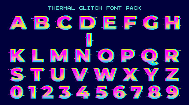 A digital font set displaying AZ and 09 in a neon glitcheffect thermal gradient on a dark blue background