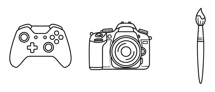 Video Game Controller DSLR Camera and Paintbrush in Minimalist Line Art Vector Illustration
