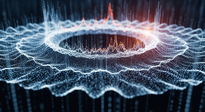 Abstract digital representation of a vibrant sound wave visualization creating intricate circular patterns with glowing peaks of energy and data streams flowing throughout the dark atmospheric