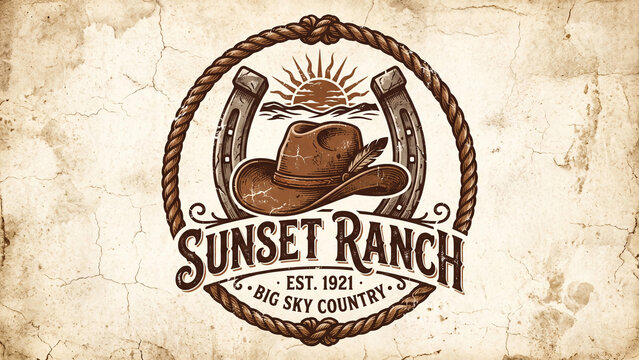 Vintage western logo featuring a cowboy hat and horseshoe on a distressed background with a sunset design, symbolizing a rustic ranch lifestyle with a rich history.