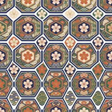 Multicolored hexagonal floral japanese kikkou pattern