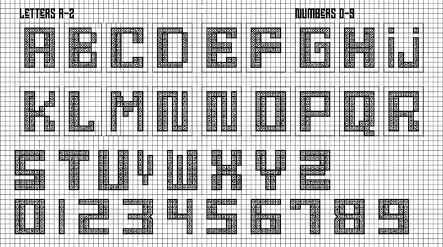 Pixel art grid displaying an alphabet and numbers 09 using a blocky ornate typeface